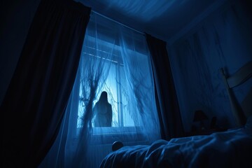 Horrifying scene with a blurred ghost silhouette in a bedroom window at night Creating a spine-chilling atmosphere perfect for horror-themed projects or halloween