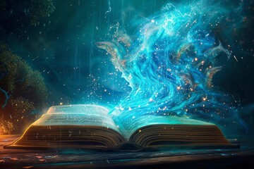 Illustration of a mystical book that opens to reveal a world of fantasy stories With magical creatures and ancient secrets waiting to be discovered - obrazy, fototapety, plakaty