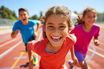 Joyful children on an athletic track A lively and heartwarming scene of youth and energy An image of health and activity