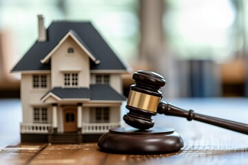 Judge auction and real estate concept with a law hammer and a house model Symbolizing the legal aspects and decision-making processes in property transactions and real estate law