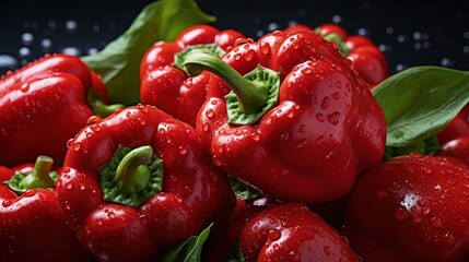 Pile of fresh red bell peppers, close up view.