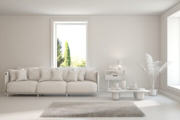 Grey living room concept with sofa and summer landscape in window. Scandinavian interior design. 3D illustration