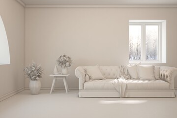 White living room with sofa and winter landscape in window. Scandinavian interior design. 3D illustration
