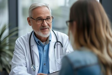 Portrait of a senior male doctor with a compassionate approach Discussing health options with a female patient Emphasizing trust and care in the healthcare relationship - obrazy, fototapety, plakaty