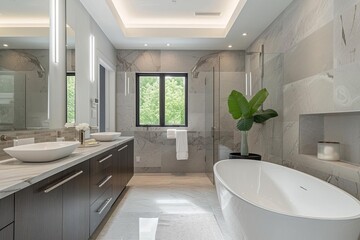 Fototapeta premium Sleek grey marble bathroom A luxurious and modern space Featuring led lighting A double vanity And a freestanding tub