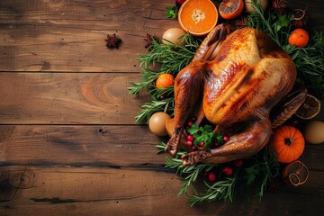 Top view of a thanksgiving turkey on a rustic wooden table With ample copy space Perfect for festive and culinary-themed designs or projects