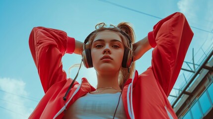 Naklejka premium young woman wearing sportswear and headphones in the city