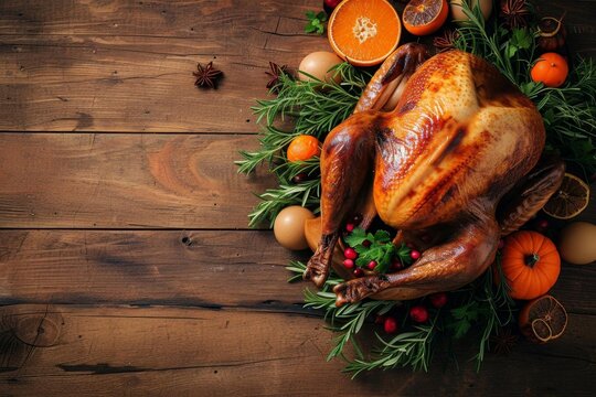 Top view of a thanksgiving turkey on a rustic wooden table With ample copy space Perfect for festive and culinary-themed designs or projects