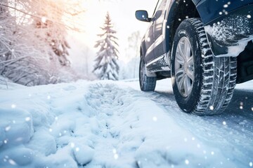 Winter tire on an suv navigating a snowy road Highlighting the importance of safety and preparedness for winter driving conditions and family travel to ski resorts - obrazy, fototapety, plakaty