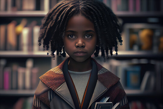 Pretty African American woman in school uniform is sitting in the library.