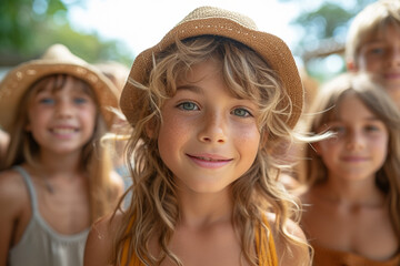 Joyful and happy preschooler girls in a summer portrait, radiating innocence, fun, and joy.