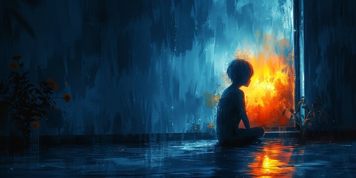 In a somber setting, a young child sits alone undressed, conveying deep sadness and despair.