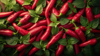 Pile of red hot chili peppers for background. Top view.