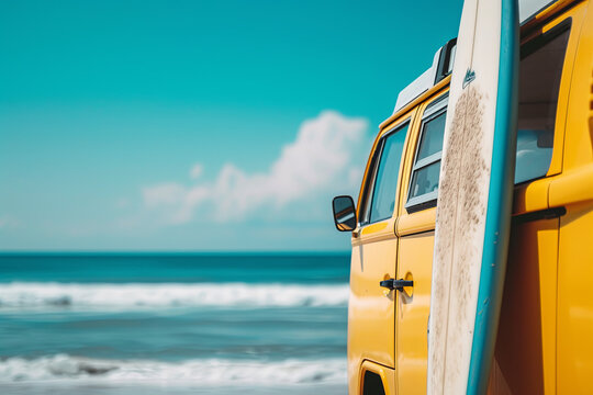 A yellow van with a surf board at the beach