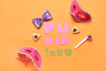 Composition with text HAPPY PURIM, carnival masks and Hamantaschen cookies on color background