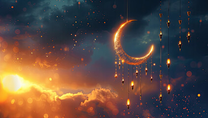 3D-rendered background with Ramadan lantern and crescent decorations - obrazy, fototapety, plakaty