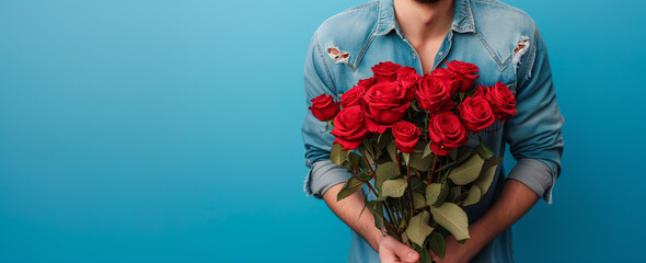 Casual young man holding red roses against a blue background, casual yet striking imagery for fashion and lifestyle brands. Ideal for online marketing, e-commerce, or lifestyle blogging.