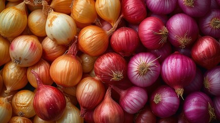 Stack of red onions arranged artistically with a stunning color combination. Top view.