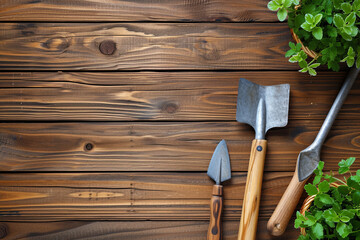 Gardening tools o wooden background with copy space