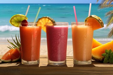 Tropical summer juices in a beach background. Summer vibe.