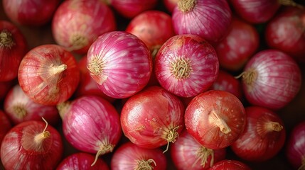 Pile of fresh red onion or shallot. Close up view.