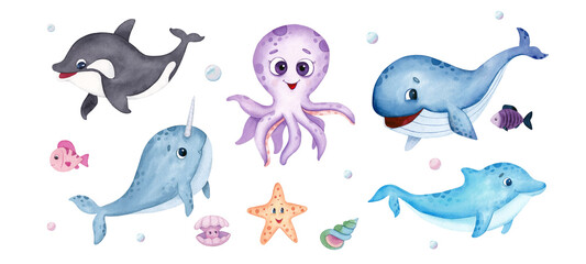 Fototapeta premium Sea animals watercolor set. Cute whale, dolphin, narwhal, octopus, shark, starfish, fish. Hand drawn illustration isolated on a white background.