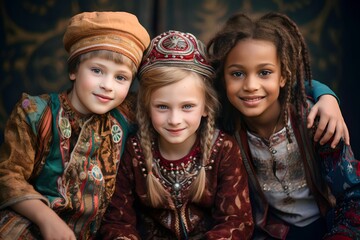 The group of children is culturally diverse with charming traditional clothing from various countries