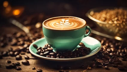Rolgordijnen Koffiebar Beautiful cup of coffee, latte art, grains cafe