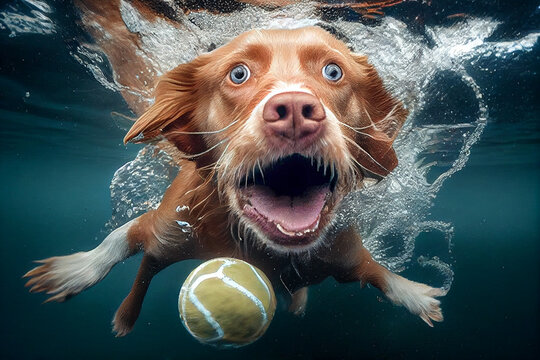 Playful puppy in swimming pool has fun. Dog jump, dive underwater to fetch ball. Training classes, active games with family pets. Popular canine breeds activity on summer holiday