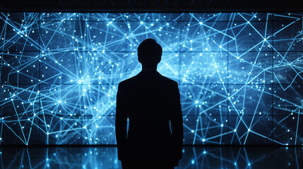 An executive's silhouette looking over a sprawling network diagram on a wall, planning strategic moves, business strategy, dynamic and dramatic compositions, with copy space