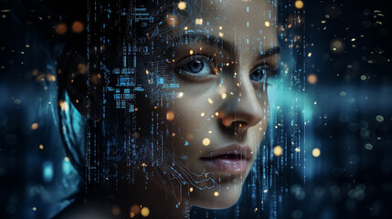 An image of woman robots, copy space, in form of women face a machine learning, big data,...