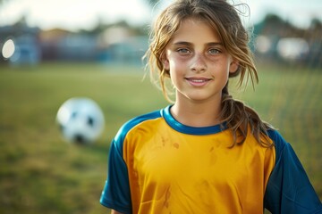 A vibrant young girl radiates joy and confidence as she stands on the grassy field, dressed in a yellow football uniform and holding a ball, ready to take on any challenge