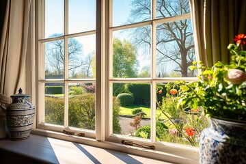 First-person perspective, view of a traditional English country garden through the panes of a living-room window on the ground floor in a quaint cottage