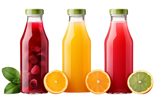 Vegan Healthy Juice bottles PNG of natural vegetable or fruit juices  isolated on a white and transparent background - Healthy vegetabales Drinks Advertising Concept
