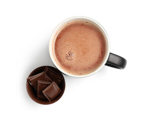 Cup of tasty hot chocolate on white background