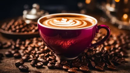 Fotobehang Beautiful cup of coffee, latte art, grains table © tanya78