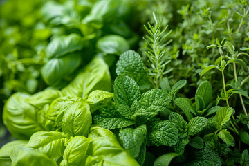 Panoramic background with bunches of fresh garden herbs - obrazy, fototapety, plakaty