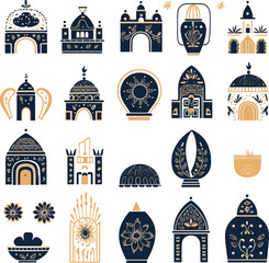 Navy and Gold Moroccan Icons Set: A curated set of hand-drawn Moroccan icons, showcasing an intricate mix of architectural designs, floral motifs, and traditional symbols in a rich navy blue and gold
