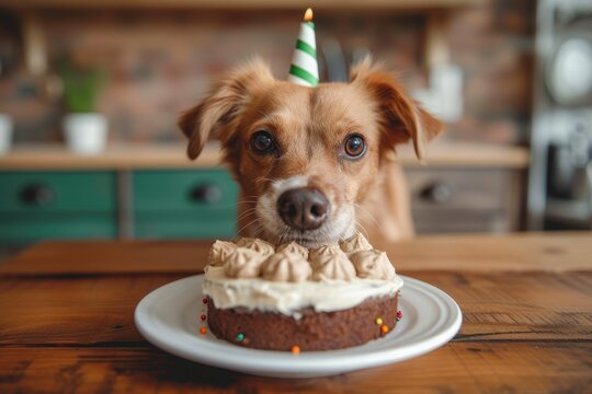 A fluffy brown puppy eagerly eyes the delectable birthday cake with its adorable birthday hat, surrounded by enticing baked goods and a cozy indoor setting