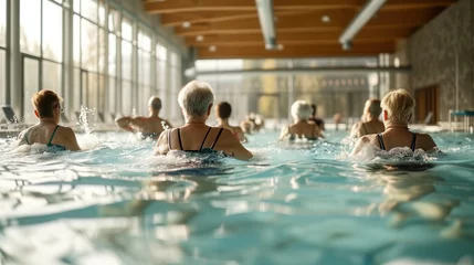 Fotobehang A group of elderly people performing aqua aerobics exercises together in a modern swimming pool © mikhailberkut