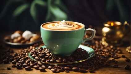 Beautiful cup of coffee, latte art, grains natural