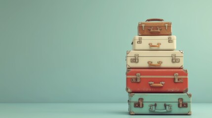 Five old vintage suitcases, on the left an empty background for text,