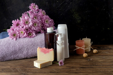 Personal hygiene items for spa, towels on a table close-up