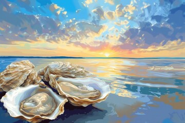 fresh oysters on sea background painting - obrazy, fototapety, plakaty