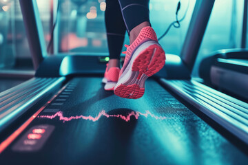 person running on a treadmill with a heart rate monitor and headphones