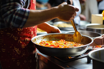 person volunteering in a soup kitchen with a apron and a ladle