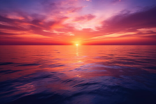 picturesque sunset over a calm ocean, with hues of orange, pink, and purple in the sky