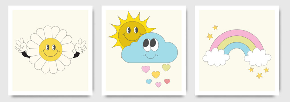 Kids wall art vector collection. Cute hand drawn design with Flower, cloud, sun, heart, rainbow. Wallpaper background design for kid room decoration, Nursery wall art, Baby and toy card and cover. 