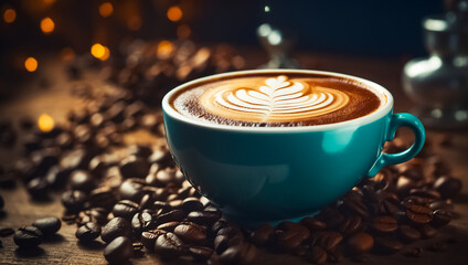 Beautiful cup of coffee, latte art, grains vintage