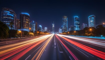 Night city skyline with traffic lights on the highway 